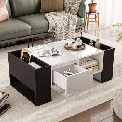 Salontafel – Woonkamertafel – Bijzettafel – Koffietafel – Tafel – Modern Zwart-Wit Design – Met Lade en Open Planken – Compacte Opbergruimte – Eenvoudige Montage