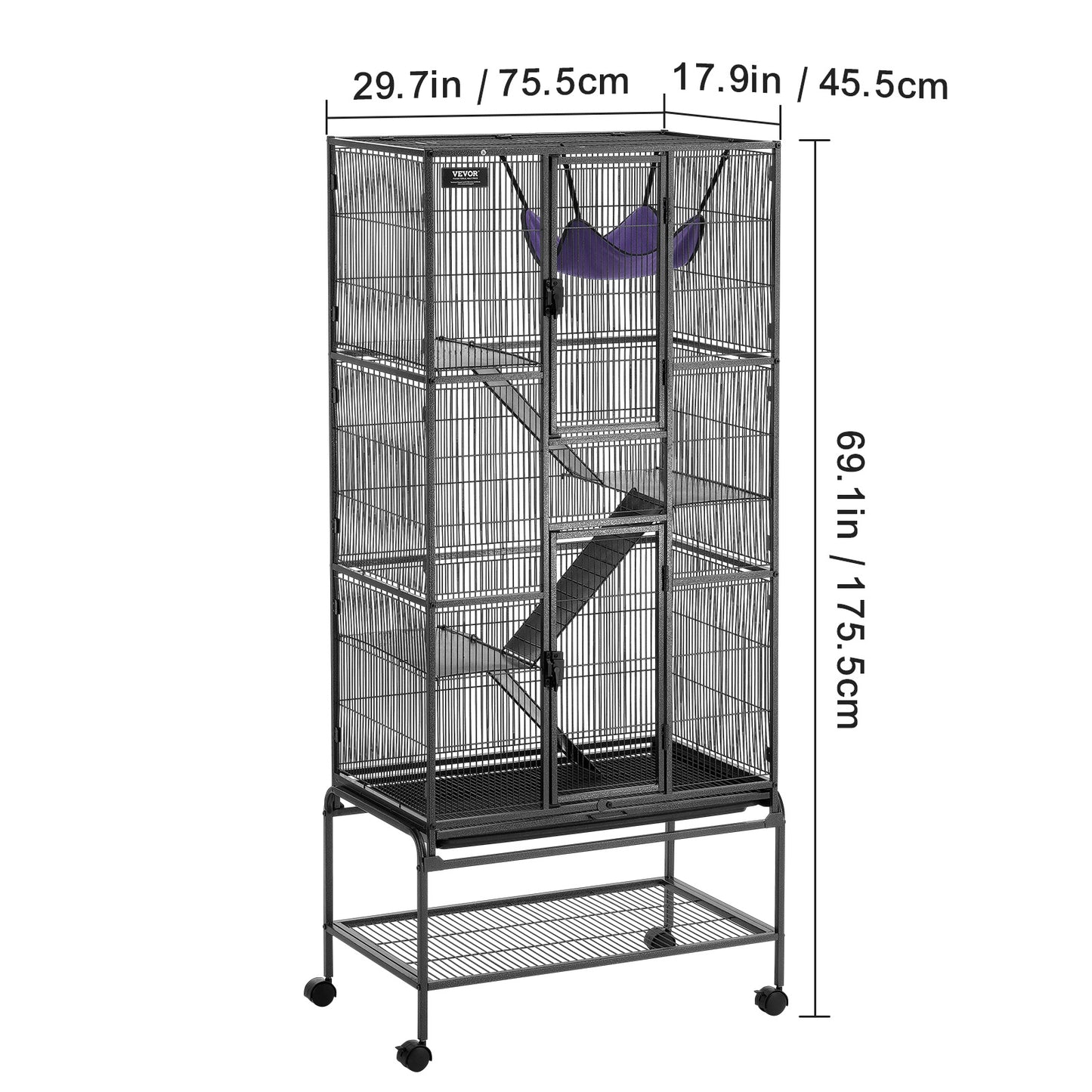 Frettenkooi – Knaagdierenkooi – Chinchillakooi – Rattenkooi – Metaal – 175,5 cm hoog – 4 Platforms met Antislip Hellingen