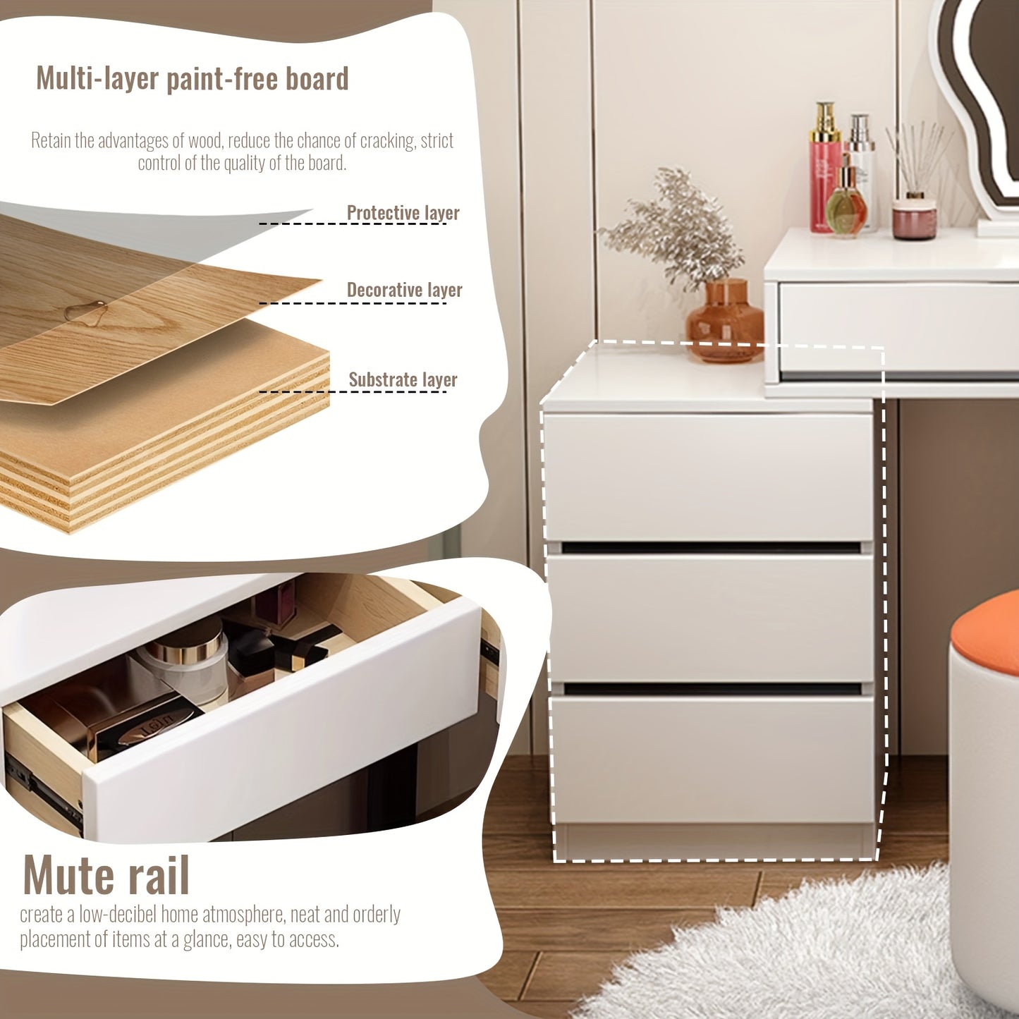 Makeuptafel – Kaptafel – Make-up Tafel – Schminktisch – Cosmetica Tafel – 5 Lades – MDF Met Metaal – Modern Wit Met Spiegel – Compact & Ruim Opbergmeubel – 69 cm Hoog - QUORE