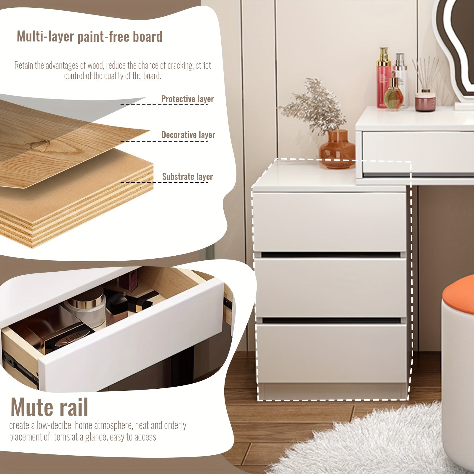 Makeuptafel – Kaptafel – Make-up Tafel – Schminktisch – Cosmetica Tafel – 5 Lades – MDF Met Metaal – Modern Wit Met Spiegel – Compact & Ruim Opbergmeubel – 69 cm Hoog - QUORE