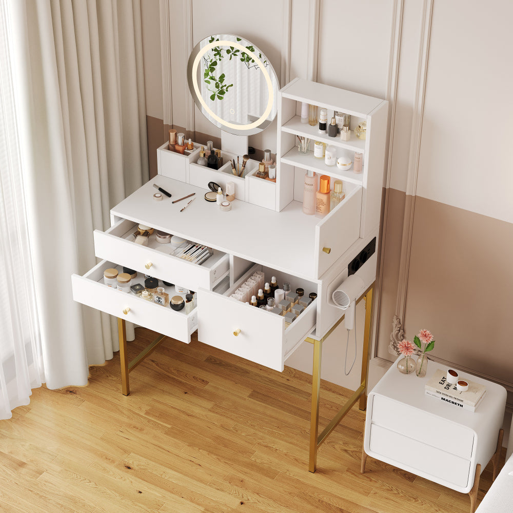 Grote Kaptafel – Make-uptafel – Dressing Table – Toilettafel – Schminktisch – Met 3 Lades en 1 Deur – Inclusief Spiegel en Open Opbergruimte – Wit 80x134x40 cm
