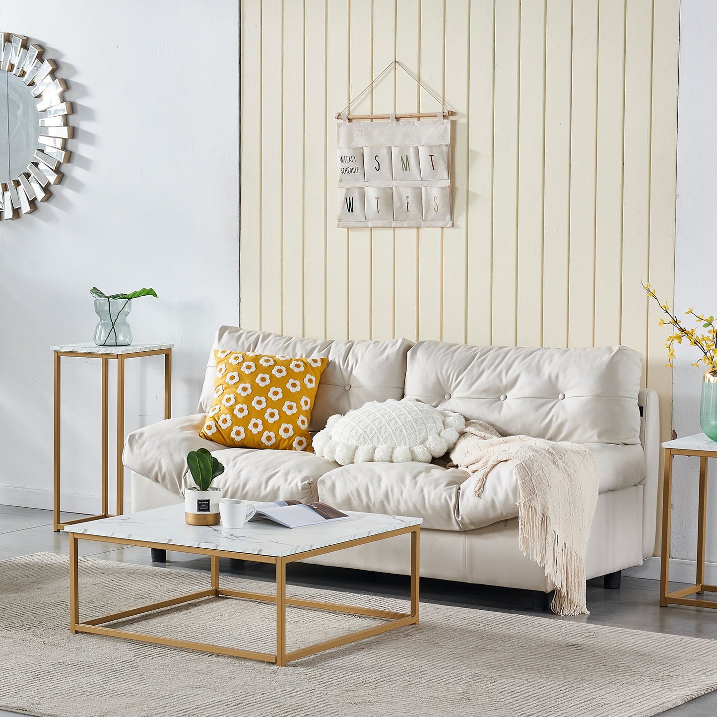Salontafel – Koffietafel – Bijzettafel – Woonkamertafel – Lounge tafel – Gouden Marmerlook – Industrieel Metalen Frame – 80x80x34 cm – Eenvoudig Montage