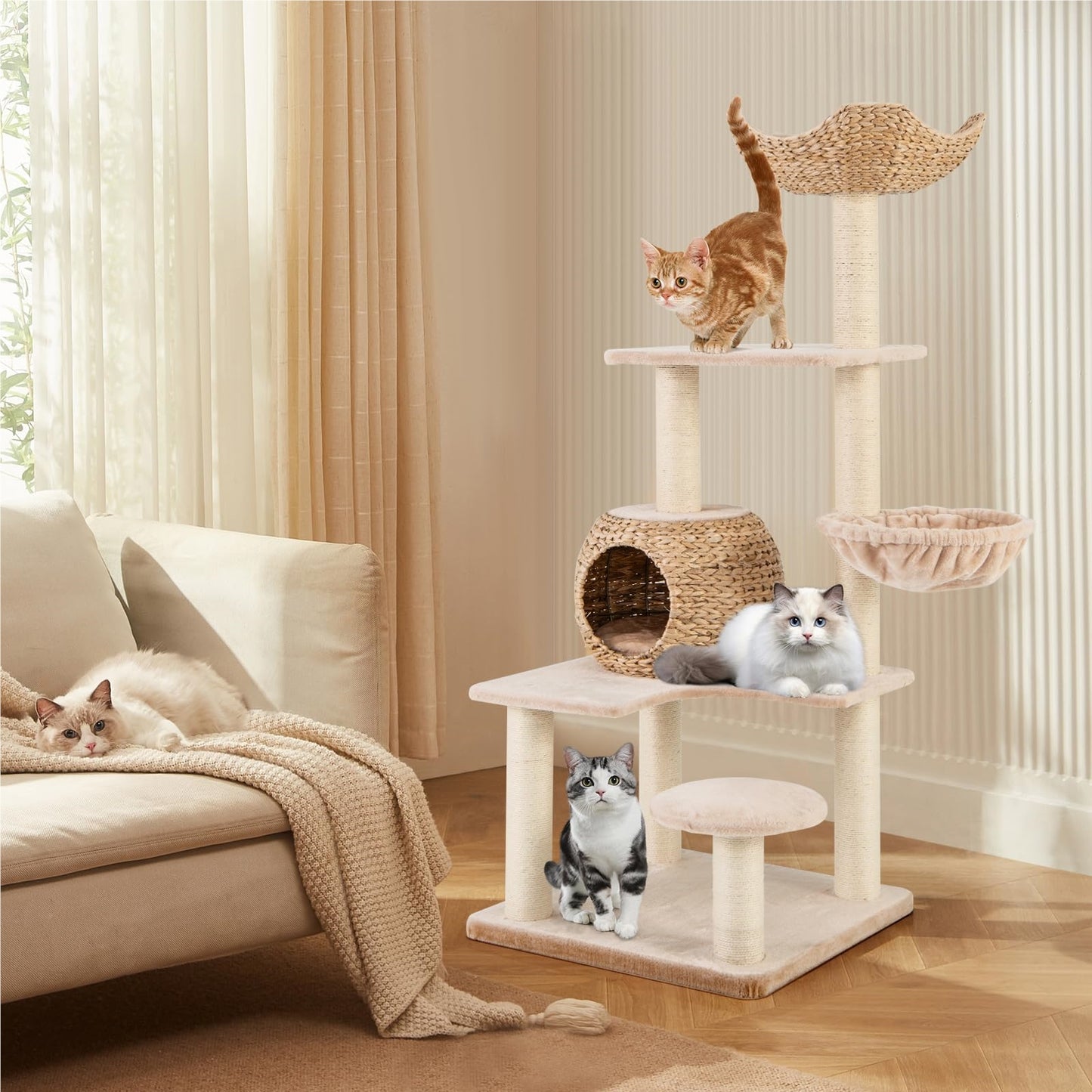 Krabpaal – Kattenkrabpaal – Kattenboom – Krabmeubel – Kattenhuis – 150 cm Hoog – Natuurlijk Riet en Sisal