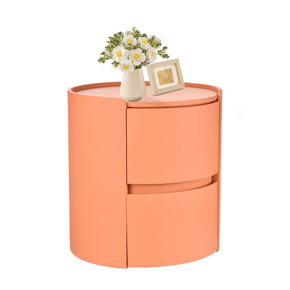 Ronde Nachtkast – Nachtkastje – Bedside Table – Dressoir – Bijzettafel – Oranje Zadelleren Bovenblad – Massief Hout – 2 Laden – Compact 45x45x50 cm