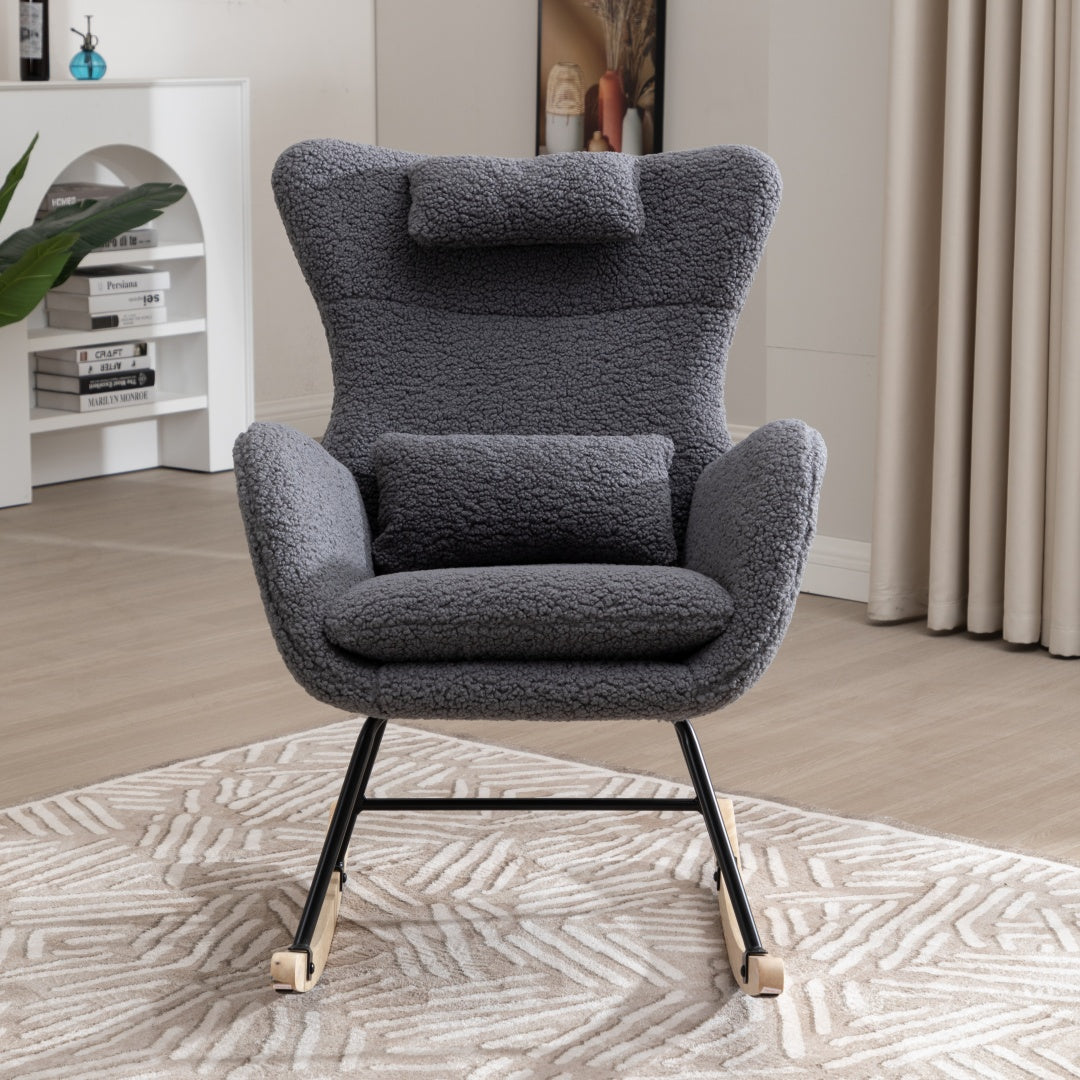 Schommelstoel – Relaxstoel – Fauteuil – Voedingsstoel – Loungestoel – Ergonomisch Design – Memory Foam Zitting – Hoge Rugleuning – Teddy Stof – Massief Houten Frame – Handmatig Schommelmechanisme – Grijs