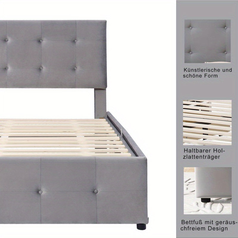 Eenpersoonsbed – Eenpersoonsbedden – Kinderbed – Opbergbed – Logeerbed – Verstelbaar Hoofdsteun – 2 Opberglades – Licht Beige Velours – Lattenbodem – Geen Montage