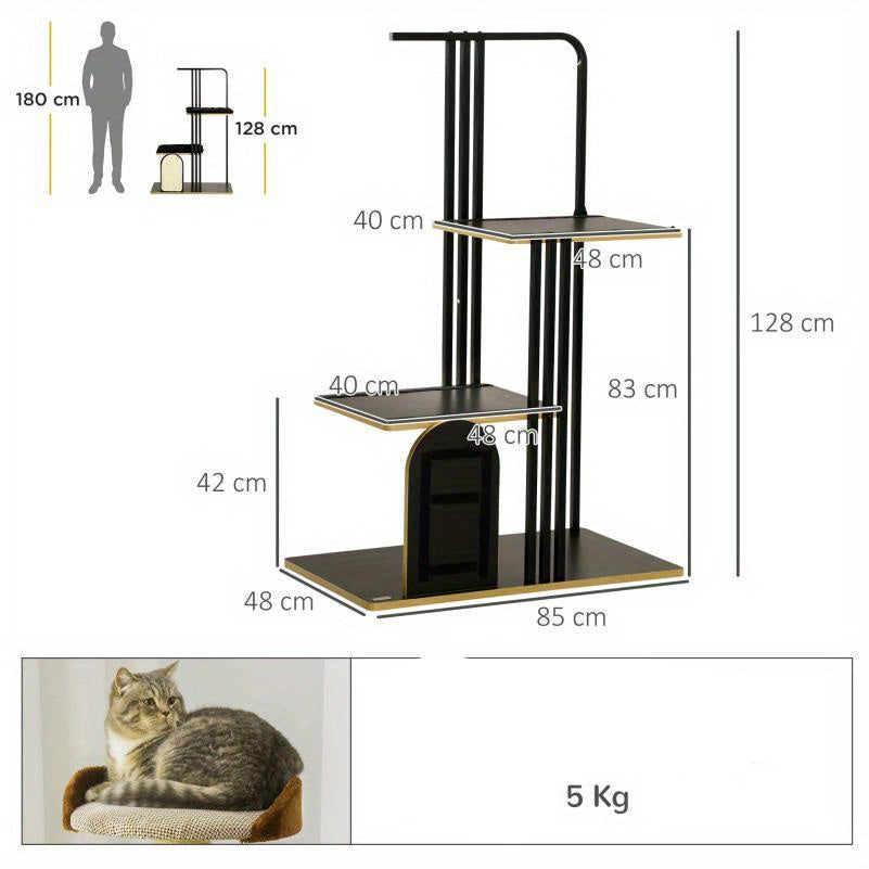 Krabpaal – Kattenboom – Kattenmeubel – Krabmeubel – Kattenhuis – Zwart Staal – 128 cm Hoog – Pluche Kussen – Dubbele Platformen – Inclusief Hangend Speeltje