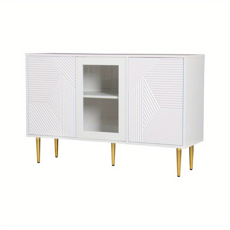 White Commode 3 Doors Glass Front Metal Legs Modern Storage Cabinet 120 cm Wide 38 cm Deep 79.5 cm High Dresser Chest of Drawers