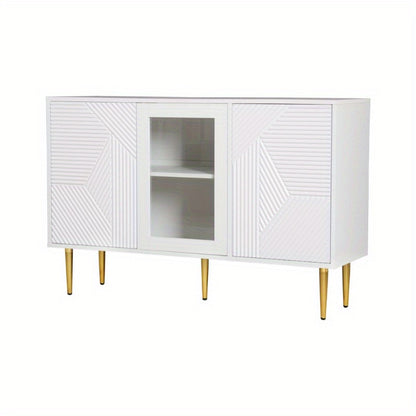 White Commode 3 Doors Glass Front Metal Legs Modern Storage Cabinet 120 cm Wide 38 cm Deep 79.5 cm High Dresser Chest of Drawers