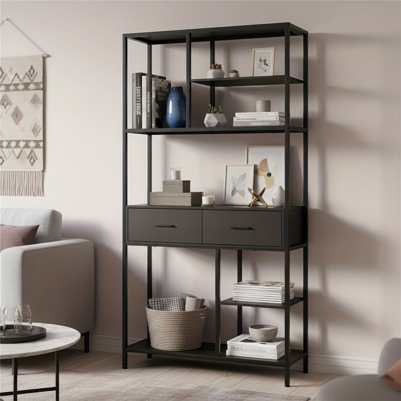 Boekenkast – Boekenplank – Opbergkast – Rek – Ladenkast – Hoog 5-laags Design – Metaal & MDF Frame