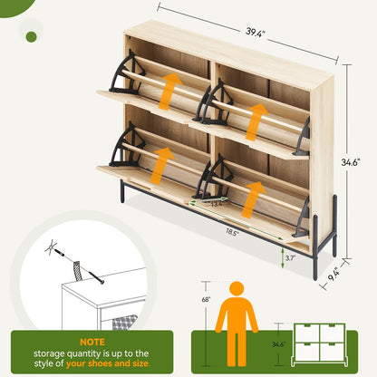 Schoenenkast – Schoenenrek – Schoenenopberger – Schoenenbank – Smal Meubel – 4 Deuren Met Flip-Up – Verstelbare Planken – 24 Cm Diep – 100 x 88 Cm