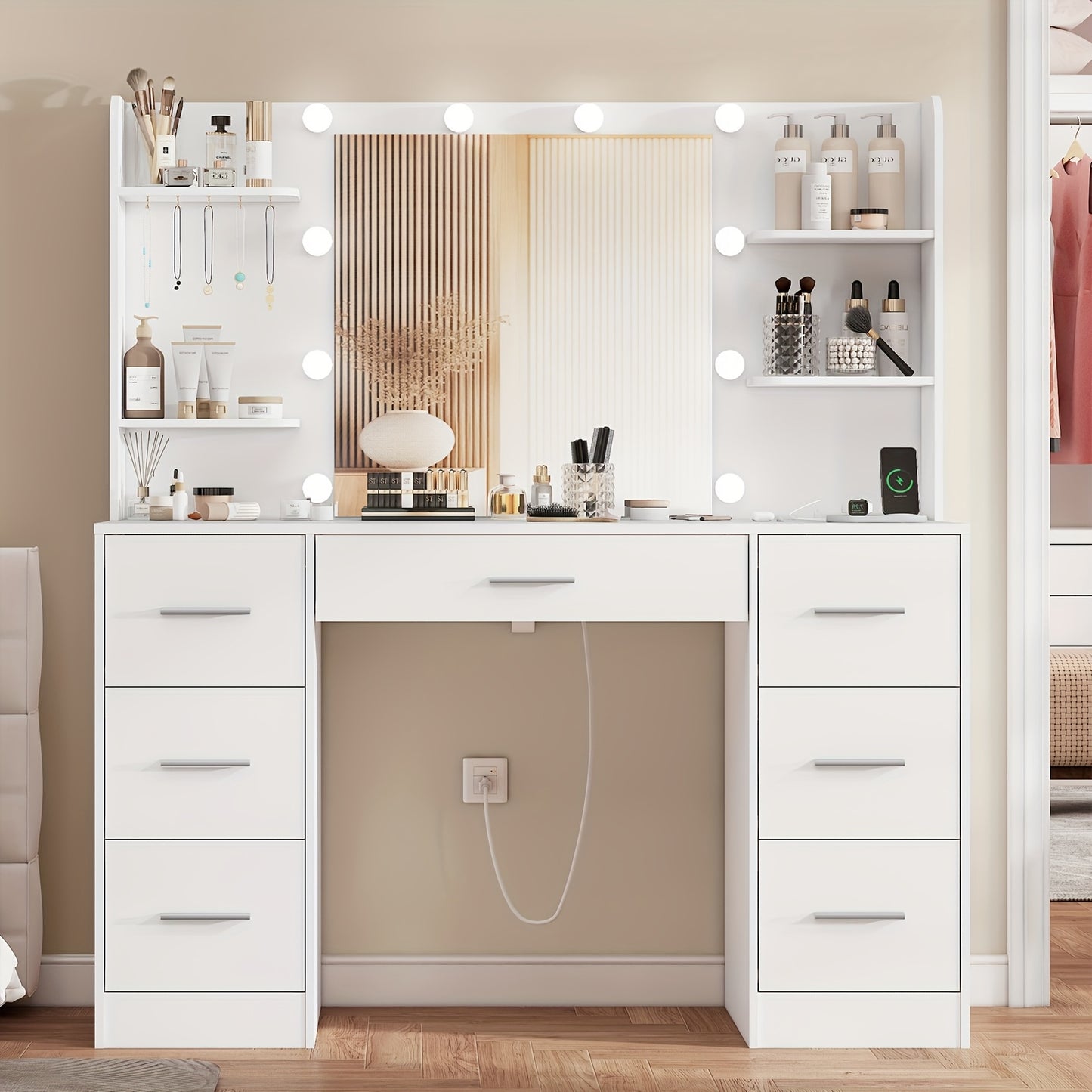 Vanity Dressing Table – Make-up Tafel – Dressing Table Met Spiegel – Make-up Spiegel – Dressing Table – Wit – Grote LED Spiegel – 7 Lades Met Stopcontact