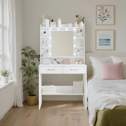 Make-up Tafel – Kaptafel – Make-up Bureau – Toilettafel – Schminktisch – Met Spiegel – 2 Laden En Planken – Verstelbare Verlichting – Wit 40x80x149 cm