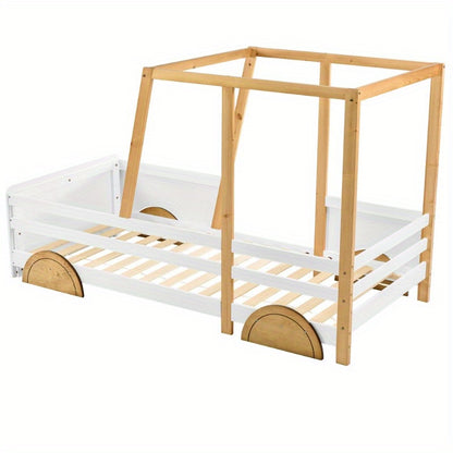 Auto Bed – Kinderbed – Speelbed – Peuterbed – Juniorbed – MDF Wielen – Pin Frame Wit Natuurkleur – Afmeting 90x200 cm
