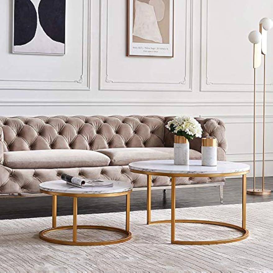 Ronde Salontafel – Bijzettafel – Nesting Tafel – Koffietafel – Woonkamer Tafel – Set van 2 – MDF en Massief Houten Blad – Goud Metaal Frame – Compact en Modulair Design
