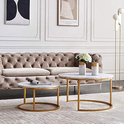 Ronde Salontafel – Bijzettafel – Nesting Tafel – Koffietafel – Woonkamer Tafel – Set van 2 – MDF en Massief Houten Blad – Goud Metaal Frame – Compact en Modulair Design