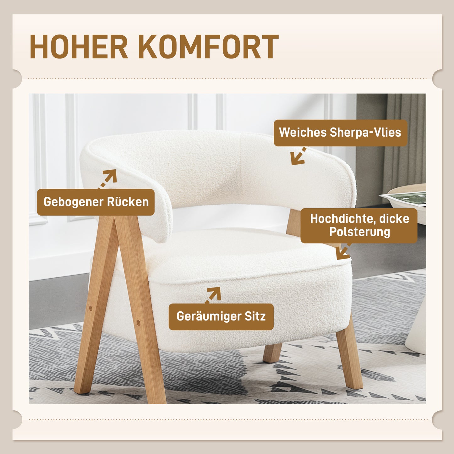 Fauteuil – Stoel – Armstoel – Zitstoel – Accentstoel – Wit – Zachte Fleece Bekleding – Metaal Frame Met Houten Poten