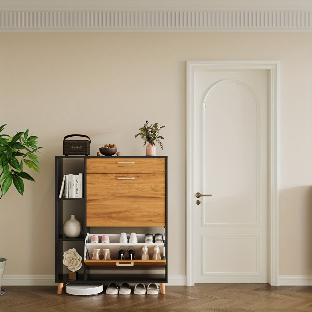 Schoenenkast – Schoenenrek – Schoenopberger – Halmeubel – Opbergkast – Smal Design – Zwart Hardhout – Uittrekbare Lade – Voor Circa 12-15 Paar Schoenen