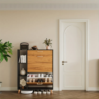 Schoenenkast – Schoenenrek – Schoenopberger – Halmeubel – Opbergkast – Smal Design – Zwart Hardhout – Uittrekbare Lade – Voor Circa 12-15 Paar Schoenen