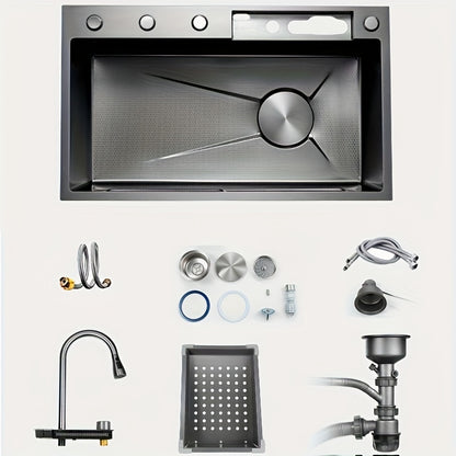 Keukenkraan – Keukenmengkraan – Spoelbak – Watervalkraan – Mengkraan – RVS – Waterafstotende Honeycomb Nano Finish – Rechts geplaatste Afvoer