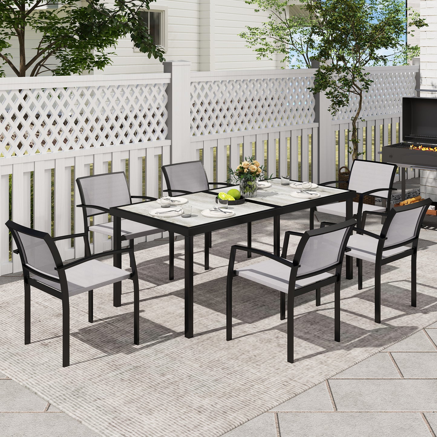 7-delige Tuinset – Buiten Eettafelset – Tuinmeubelset – Balkonset – Stapelbare Stoelen – Grijs – Kunststof Tafelblad Met Houtlook – Weerbestendig Stalen Frame