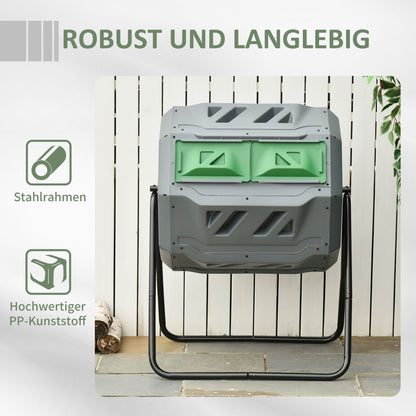 Compostbak – Compostcontainer – Compostton – Compostvat – Composteerbak – 2-Kamer Systeem – 160L Capaciteit – Draaibare Trommel – Grijs Groen Zwart