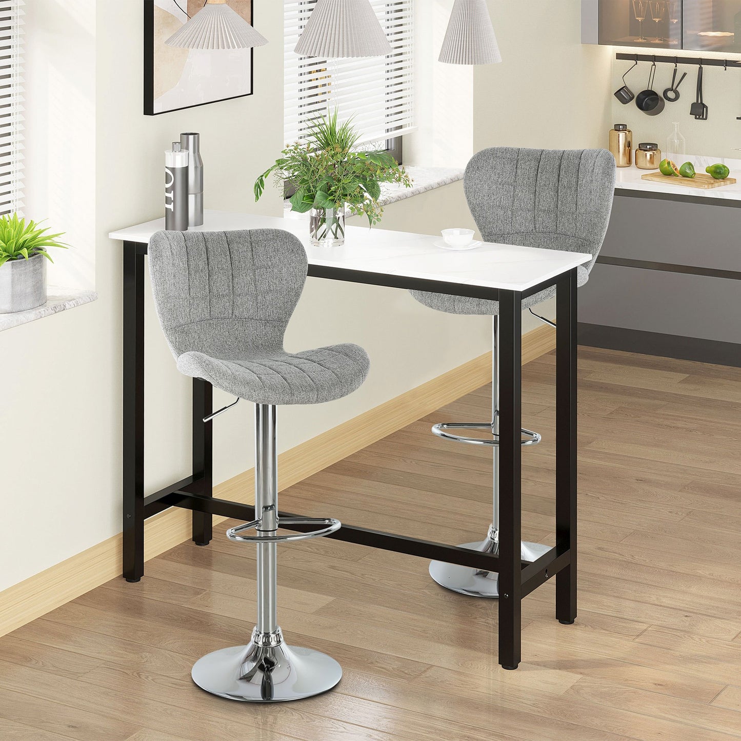 Barstoel – Barkruk – Keukenstoel – Verstelbare Kruk – Draaiende Barkruk – Set van 2 – Verstelbare Zithoogte 59-81 cm – 360° Draaibaar – Linnen Bekleding Grijs
