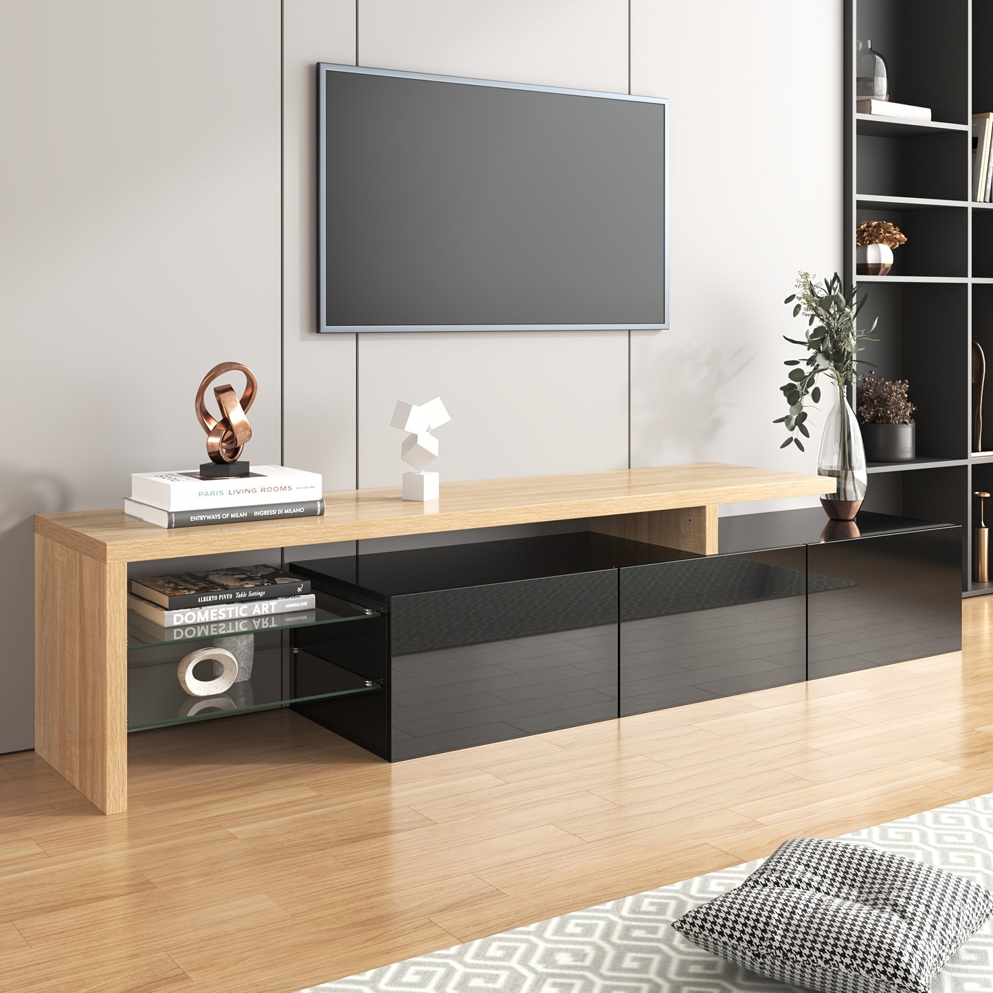 TV-meubel – TV-kast – Entertainmentmeubel – Woonkamermeubel – TV-standaard – Hoogglans zwart – MDF houtlook – Glazen legplanken – Ruime opbergruimte – Eenvoudig te monteren