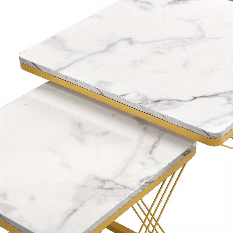 Koffietafel Set – Salontafel – Bijzettafel – Woonkamertafel – Moderne Tafel – Hoogglans Marmer Design – Verstelbare Pootjes 60x60x45cm & 45x45x40cm