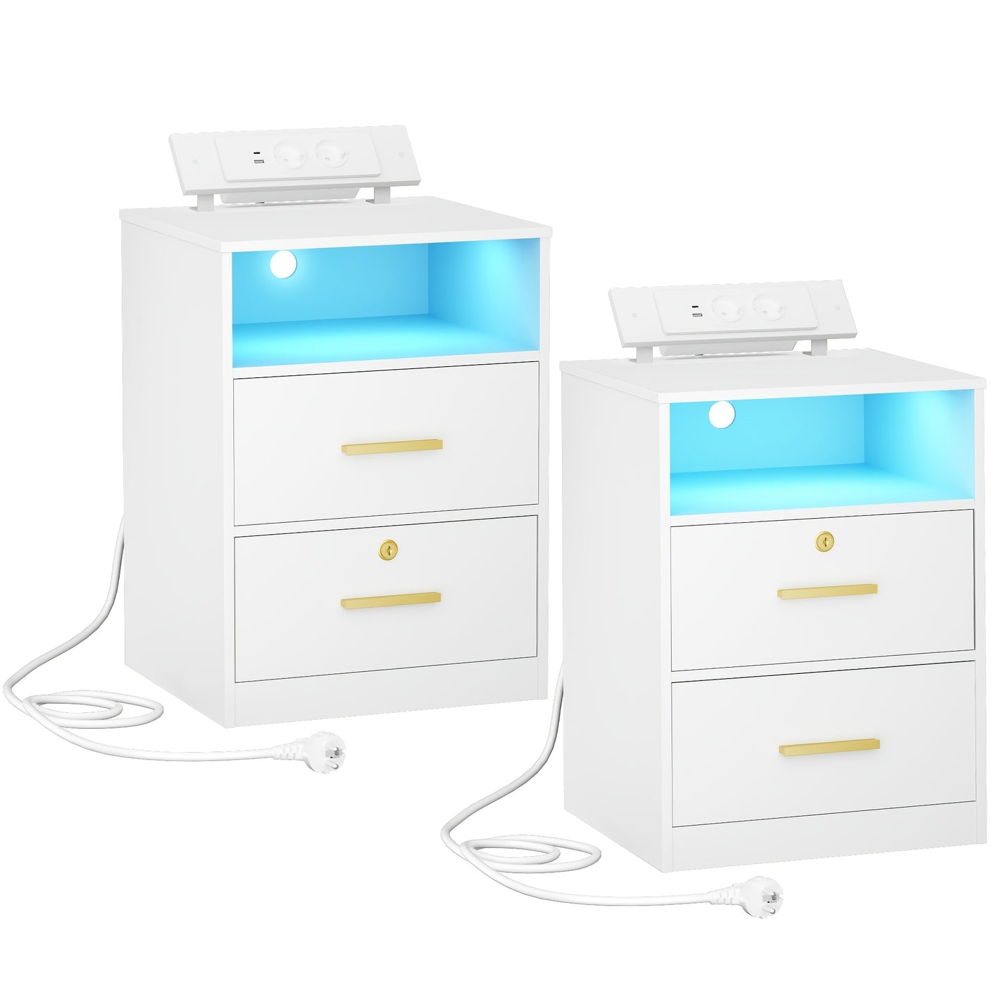 Bedside Table Set Of 2, Side Table with Lights, 1 Open Compartment And 2 Drawers, for Bedroom, Living Room, White