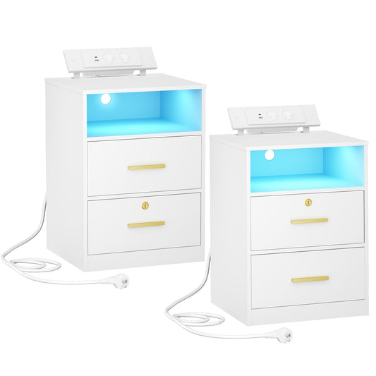 Nachtkastje – Bijzettafel – Opbergkastje – Nachtkastjes – Zwevend Kastje – Set Van 2 – LED-verlichting – Wit Hout – 2 Lades – 1 Open Vak – 35x40x58,5 cm