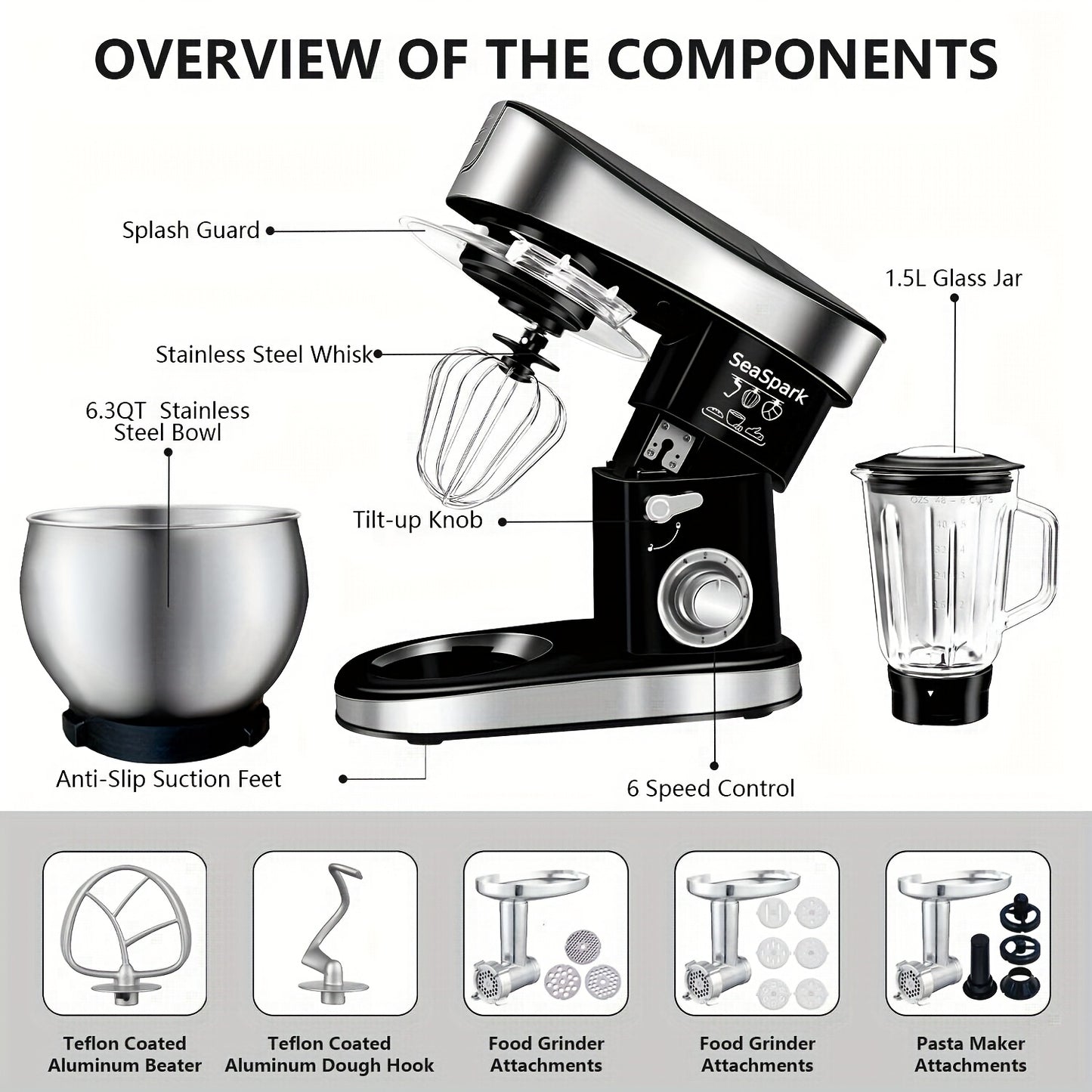 Keukenmixer – 6-in-1 Mixer – Keukenmachine – Deegmixer – Staande Mixer – Zwart – 6 Snelheidsstanden met Pulse – 6,3 Liter RVS Mengkom