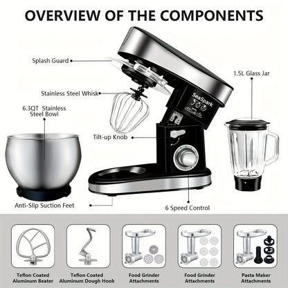 Keukenmixer – 6-in-1 Mixer – Keukenmachine – Deegmixer – Staande Mixer – Zwart – 6 Snelheidsstanden met Pulse – 6,3 Liter RVS Mengkom