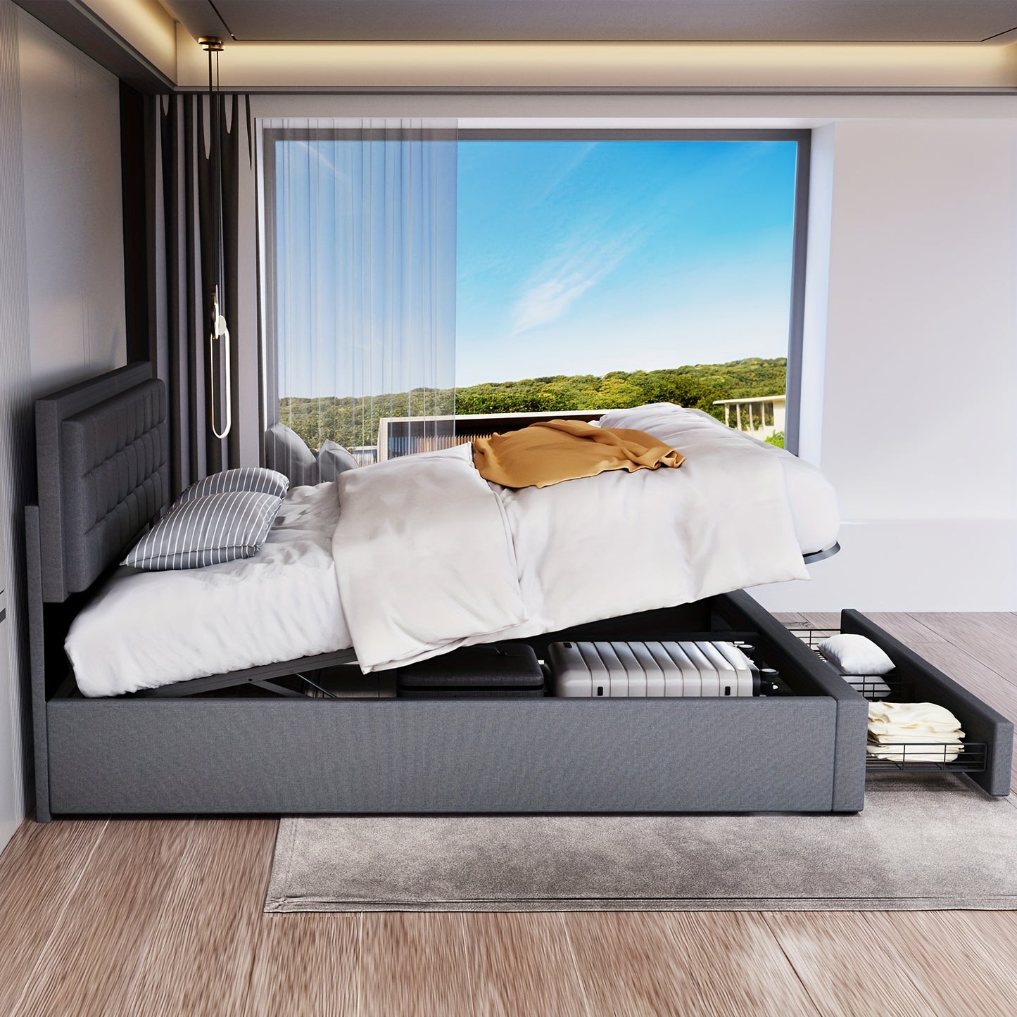 Opbergbed – Opbergbed met Gaslift – Bed met Lade – Gestoffeerd Bed – Tweepersoonsbed 160x200 cm – Gasveermechanisme – Gestoffeerd Hoofdeinde