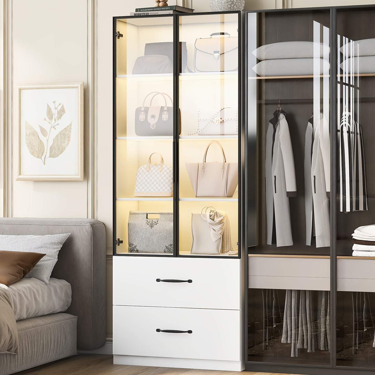 Vitrinekast – Vitrinekast Modern – Bergkast – Displaykast – Opbergkast – 160x80x40 cm – Wit Glas en Metaal – Zacht Sluitende Deuren en Lades