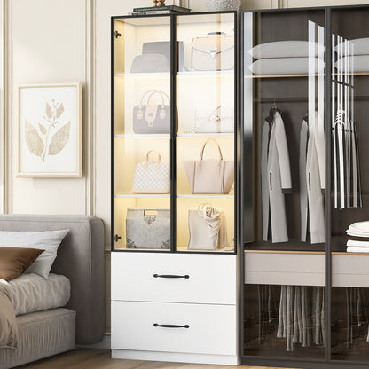 Vitrinekast – Vitrinekast Modern – Bergkast – Displaykast – Opbergkast – 160x80x40 cm – Wit Glas en Metaal – Zacht Sluitende Deuren en Lades
