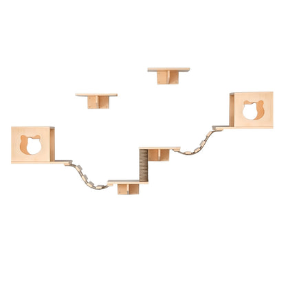 Klimwand Kat – Katten Klimmuur – Krabpaal – Kattenwand – Kattenmeubel – Super Groot 250 cm – 9-delige Set Met Kattenhuis, Krabplank en Hangbrug – Massief Hout en Duurzaam Materiaal