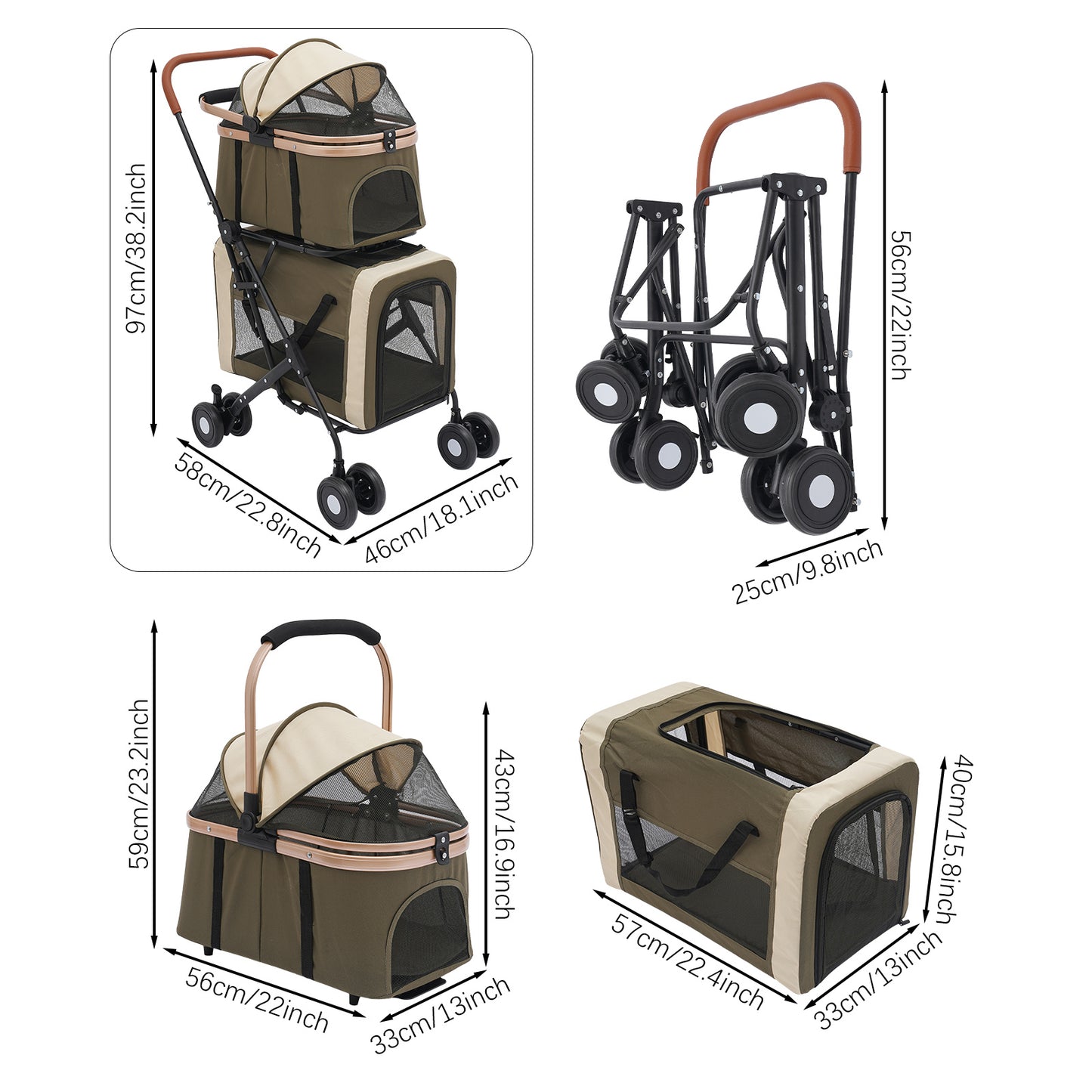 2-Tier Pet Stroller | Premium Materials, Breathable and Comfortable, Multifunctional Design, Easy to Store and Carry, Suitable for Cats and Dogs, NaMaSyo, Army Green