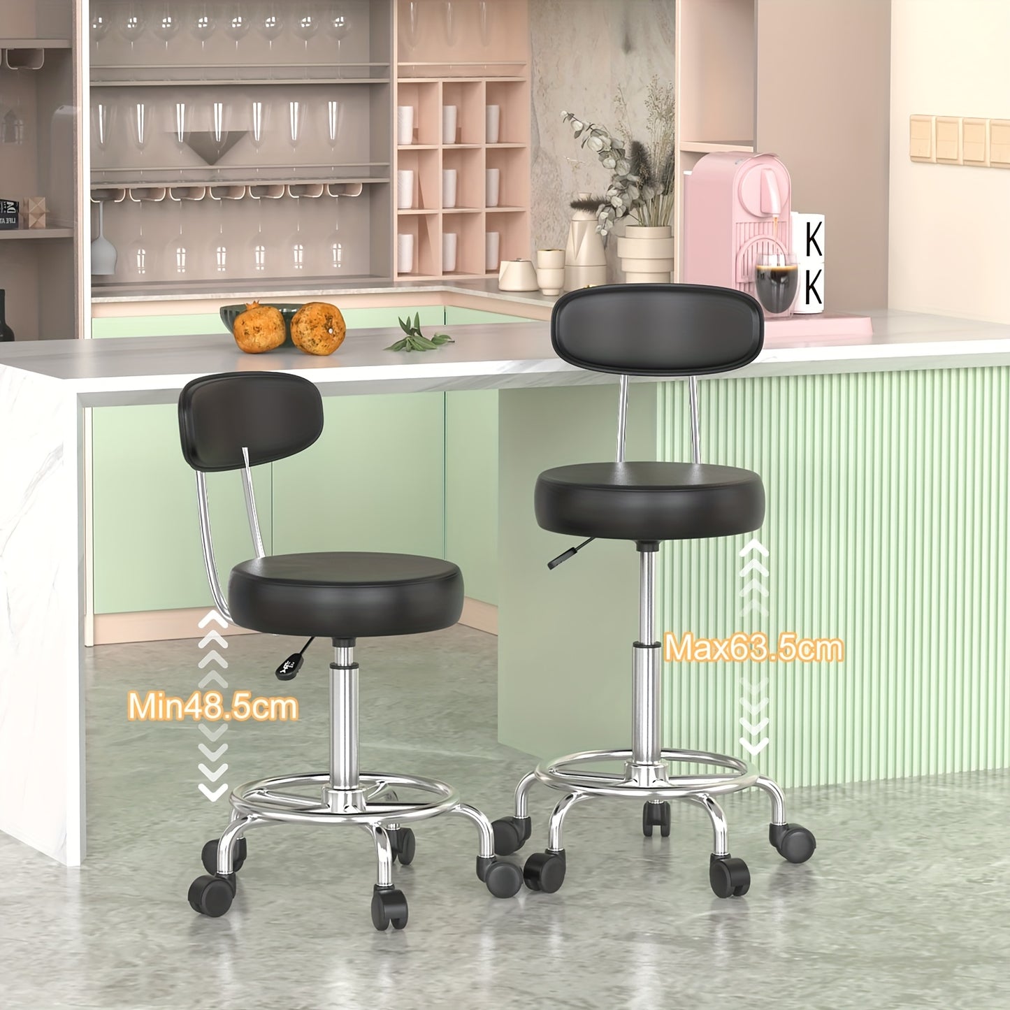 Rollkruk Set 2 Stuks – Bureaustoel – Werkkruk – Salonkruk – Drafting Stool – Ergonomisch Met Rugleuning – Hoogte Verstelbaar PU Leder