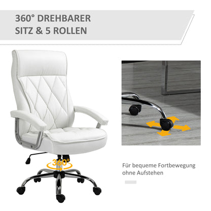 Bureaustoel – Executive Chair – Office Chair – Draaistoel – Ergonomische Stoel – Hoogte Verstelbaar – 360° Draaibaar Met Schommelfunctie – Wit Kunstleer Met Diamantpatroon – Stabiel Metalen Frame 66x69x121 cm