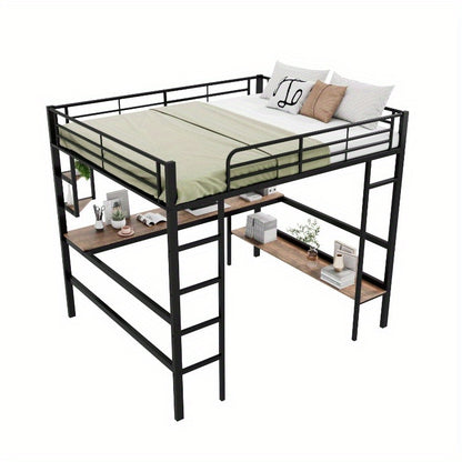 Hoogslaper – Metalen Bed – Stapelbed – Loftbed – Werkplek Bed – Ingebouwd Bureau – Opbergrekken – Stevige IJzeren Constructie – Ruimtebesparend Ontwerp