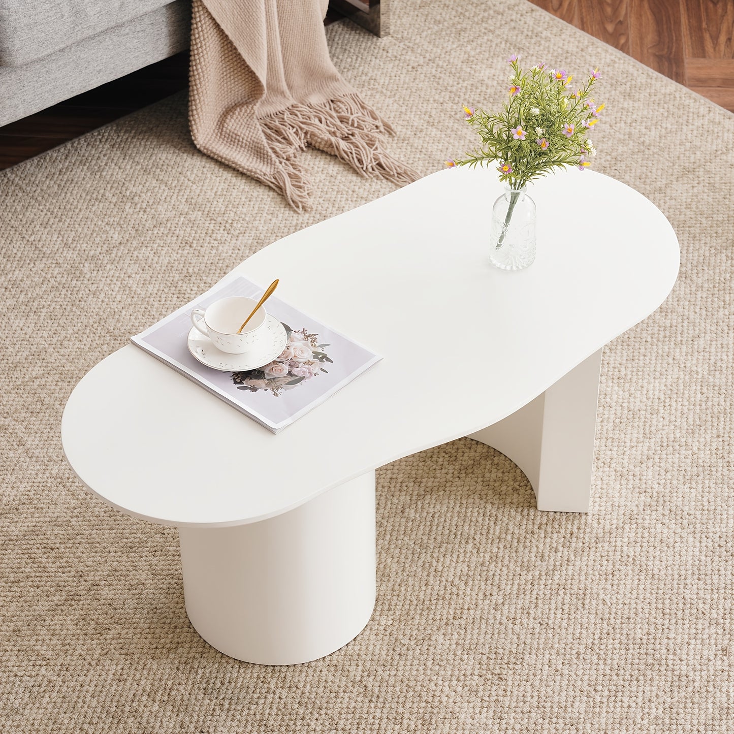 100cm Modern White Curved Coffee Table - Large Oval-like MDF Tabletop with Easy Assembly, Durable Baked Lacquer Surface & Irregular Shape for, Office - Minimalist Furniture (No Wood, Fits Scandinavian/ Decor)