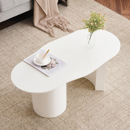 100cm Modern White Curved Coffee Table - Large Oval-like MDF Tabletop with Easy Assembly, Durable Baked Lacquer Surface & Irregular Shape for, Office - Minimalist Furniture (No Wood, Fits Scandinavian/ Decor)