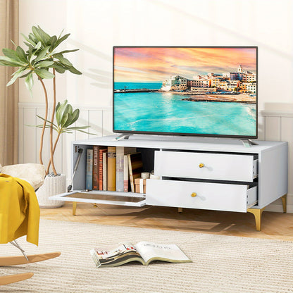 Tv meubel – TV kast – TV dressoir – TV stand – TV meubelen – Wit met gouden accenten – Met lade en gehard glas