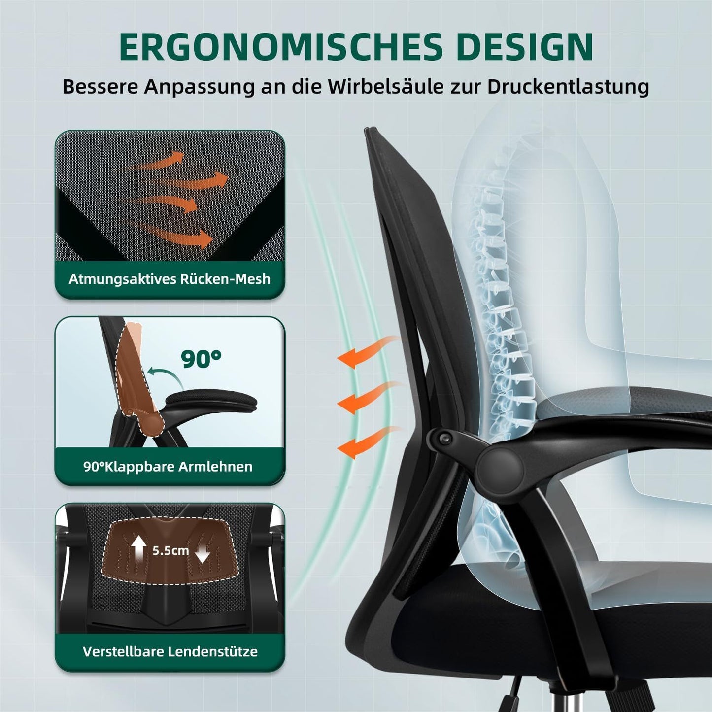 AIIDO Ergonomic Office Chair with Breathable Mesh Backrest, Foldable & Adjustable Armrests, Pressure-Relieving Memory Foam Seat – Tilt Adjustment, Sturdy 5-Wheel Base, 150kg Capacity – Perfect for Long Hours at Home, Desk