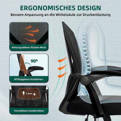 AIIDO Ergonomic Office Chair with Breathable Mesh Backrest, Foldable & Adjustable Armrests, Pressure-Relieving Memory Foam Seat – Tilt Adjustment, Sturdy 5-Wheel Base, 150kg Capacity – Perfect for Long Hours at Home, Desk