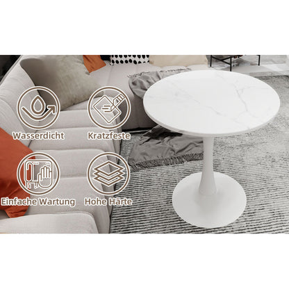 Ronde Tafel – Eettafel – Salontafel – Bijzettafel – Werktafel – Kunstmarmer Blad – 70 cm Diameter – Wit Met IJzeren Poot – Geen Montage Nodig