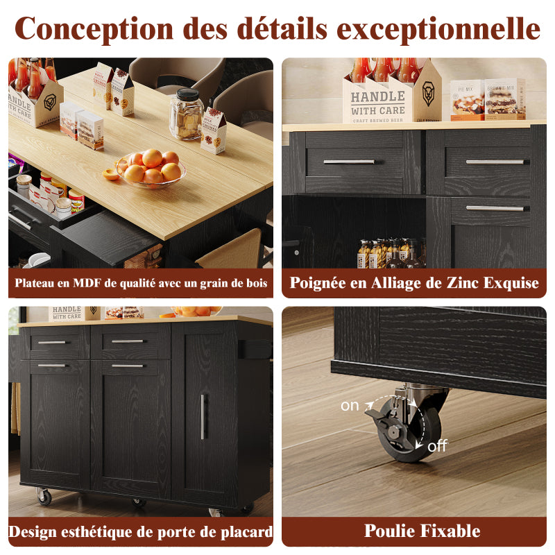 Modern Kitchen Island, Kitchen Cabinet, Buffet Cabinet, Dining Cart with Wood Veneer, Multifunctional Dining Table with Storage Space, Dining Cart with Snack Shelves And Stretch Function Cabinets, Black.