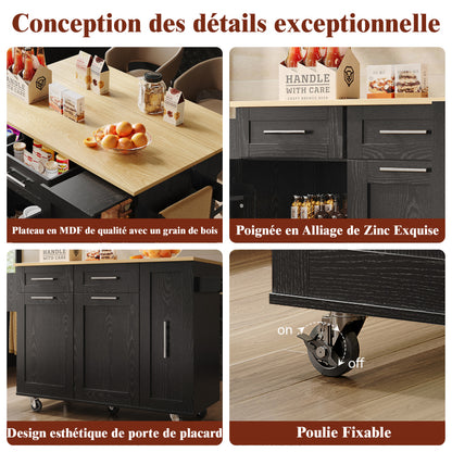 Modern Kitchen Island, Kitchen Cabinet, Buffet Cabinet, Dining Cart with Wood Veneer, Multifunctional Dining Table with Storage Space, Dining Cart with Snack Shelves And Stretch Function Cabinets, Black.