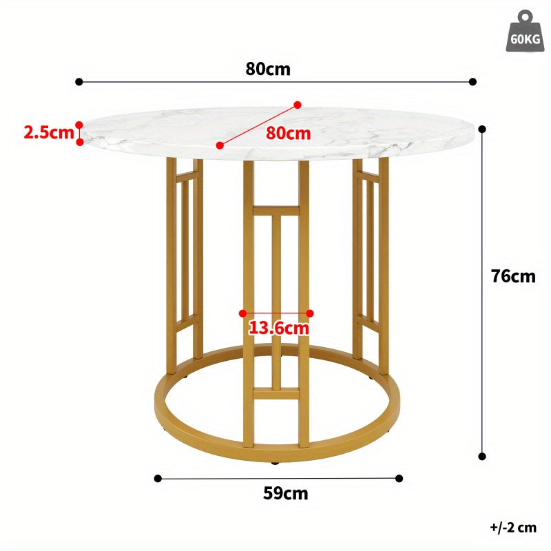 Ronde Eettafel – Rond Tafeltje – Keukentafel – Salontafel – Eetkamertafel – MDF Marmerlook Blad – Metalen Onderstel – Ø80x76cm – Voor 4 Personen